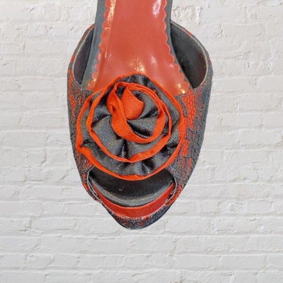 NEW BORDELLO -- Platform Stilettos, Red Satin w/Black Lace Overlay, Peep Toe - Picture 4 of 11